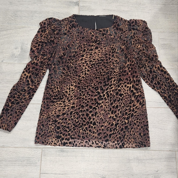 ELIE TAHARI  Noelle Top Leopard Print Velvet Burnout Puff Sleeve Blouse Brown - Picture 2 of 7